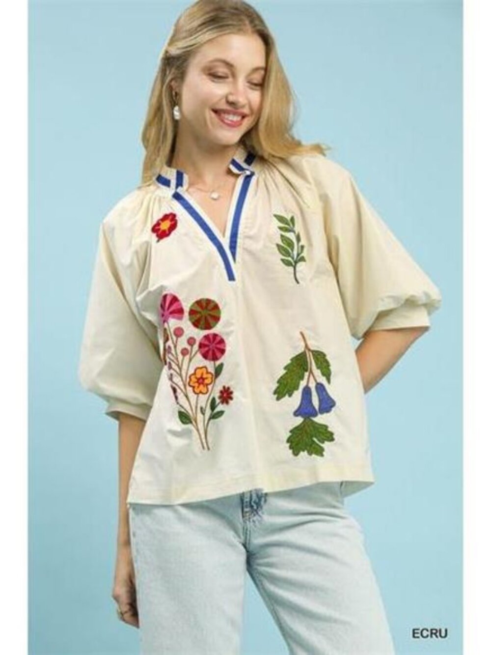 Umgee Embroidered Floral V-Neck Blouse